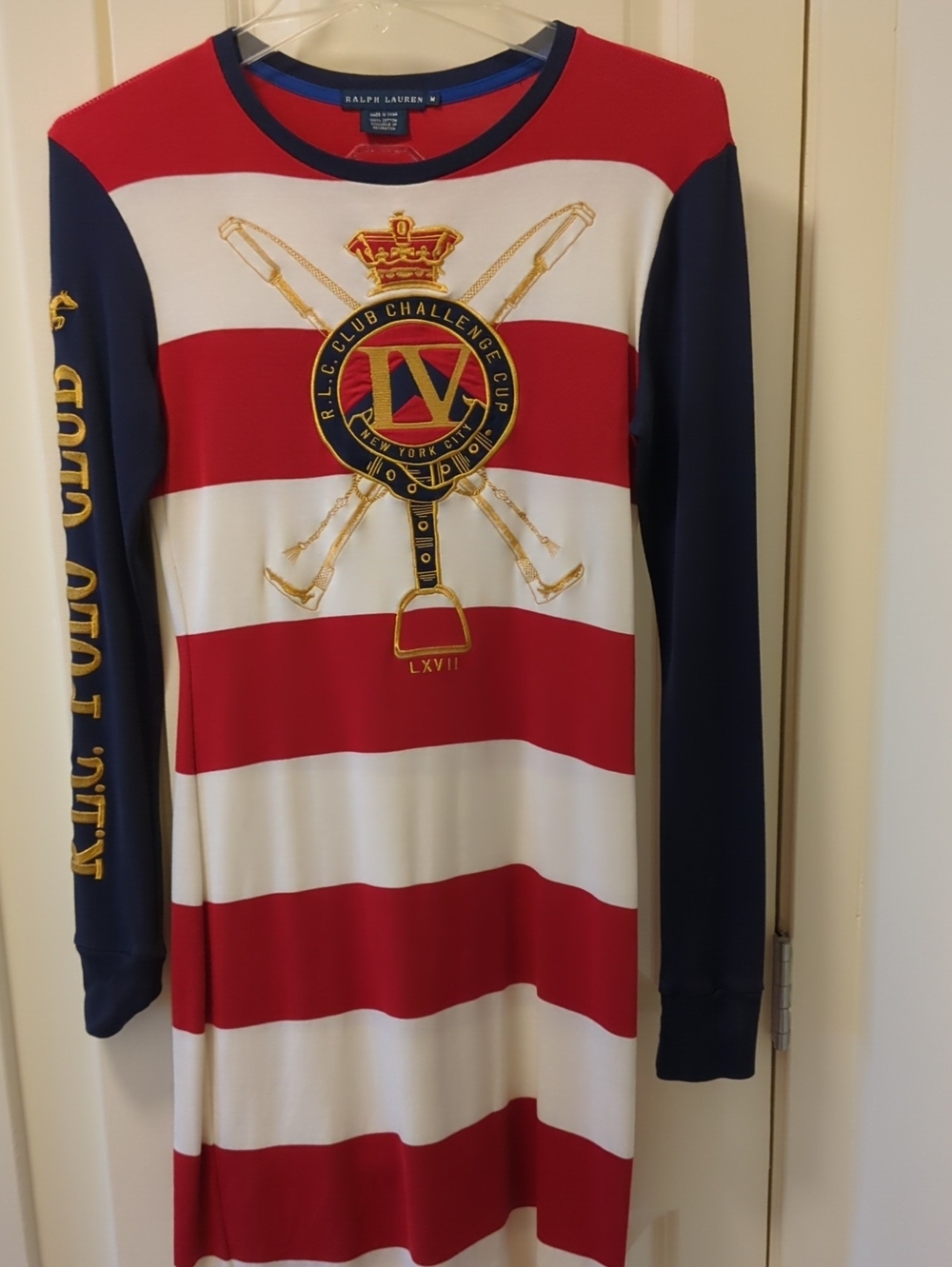 Ralph Lauren Red & White Striped Rugby Dress with Navy Sleeves